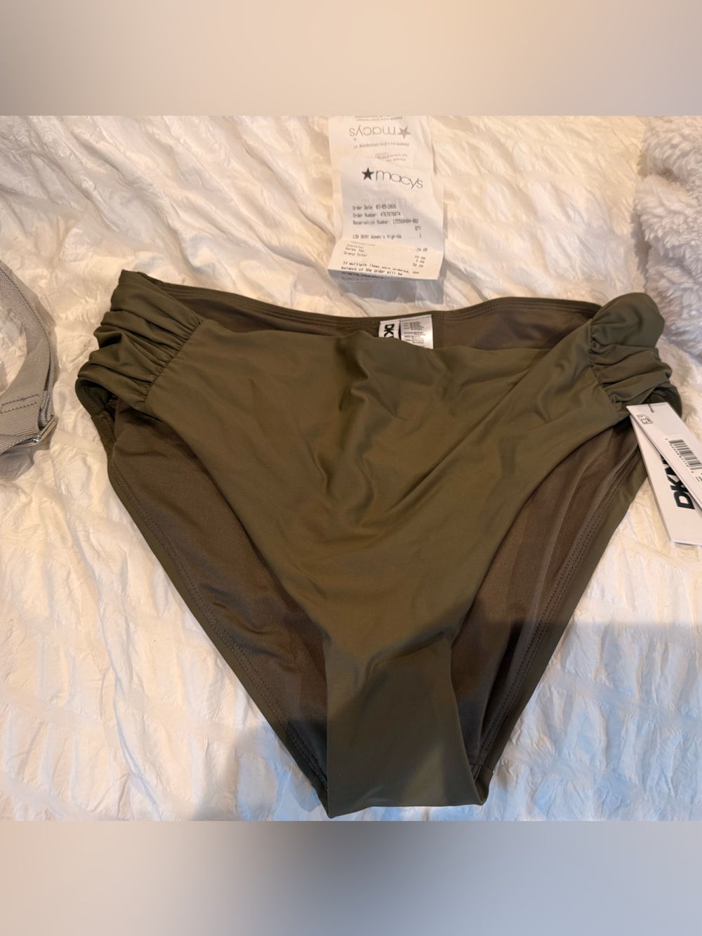 DKNY, Dark Olive Women’s Ruched Side Bikini Bottoms, size medium.